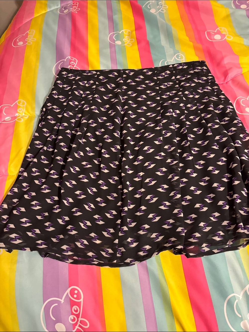 LOFT Black Skater Skirt with Lilac Geometric Print
